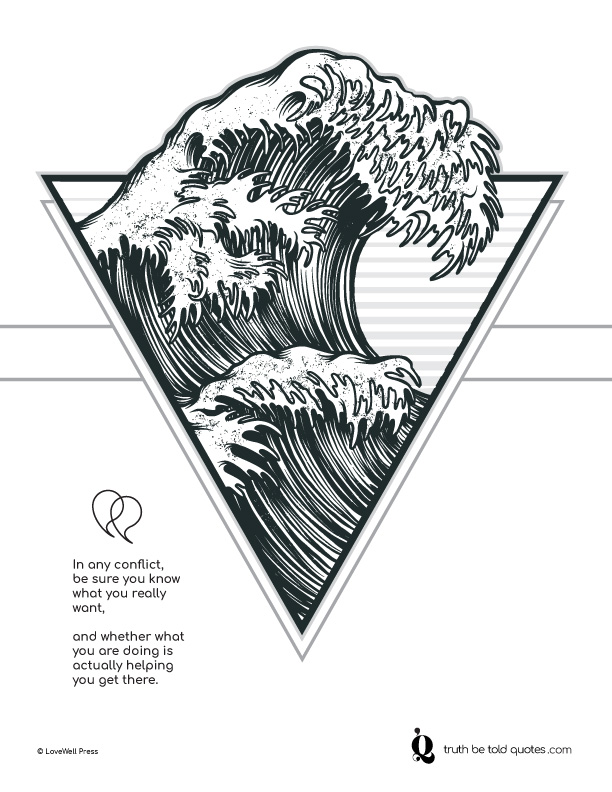 Free coloring page with quote about conflict resolution and an image of a crashing wave to color