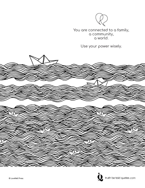 Free mindfulness coloring page with quote about being connected to others with imagery of boats on interweaving water lines