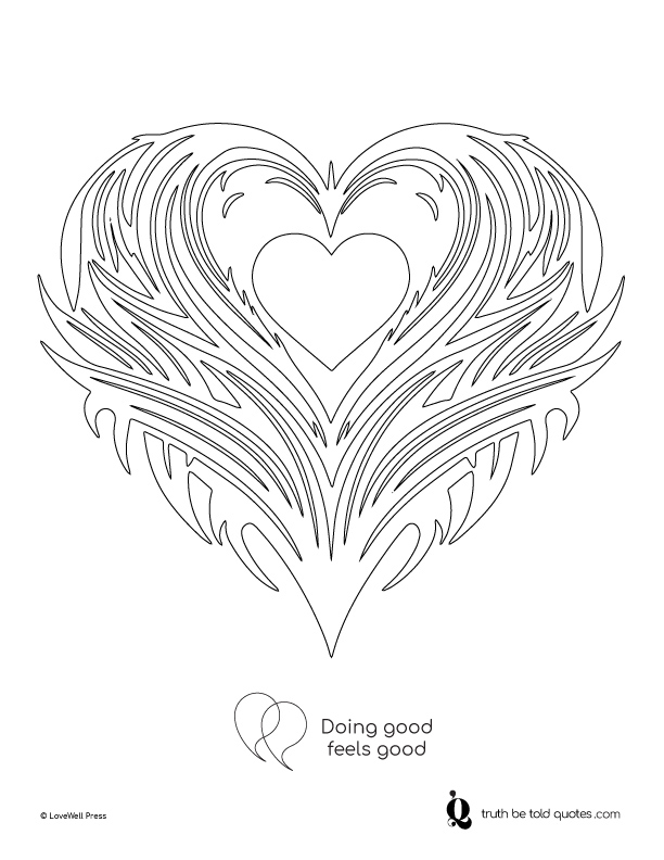 Free coloring page with quote that Doing good feels good, with imagery of a heart