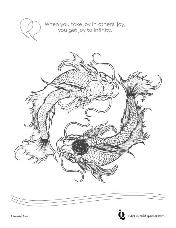 Free mindfulness coloring page with quote about finding joy and happiness with imagery of koi fish in yin yang pattern 