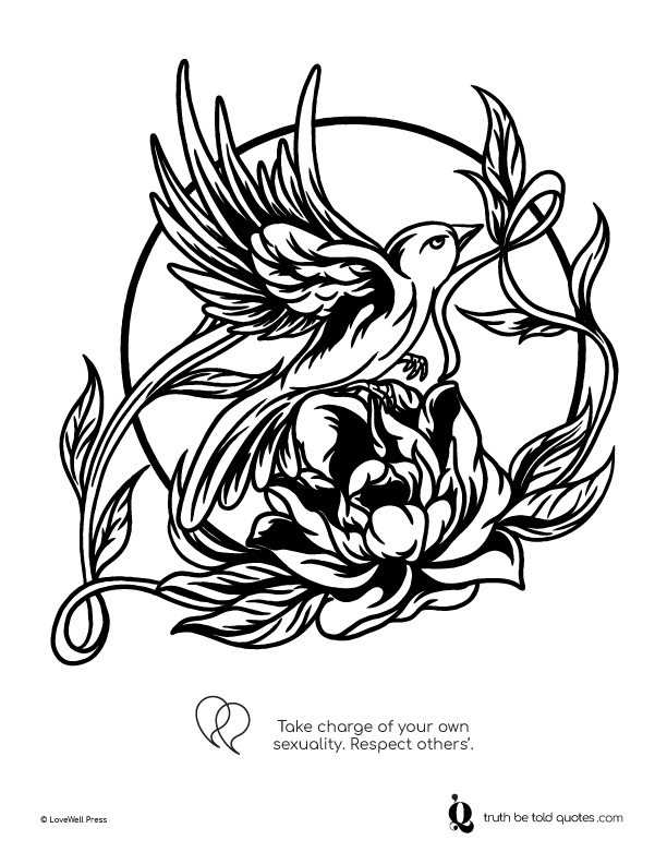 Free coloring page with quote about healthy sexuality with image of a fiesty hummingbird