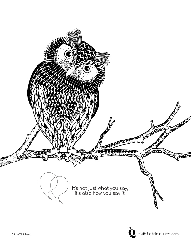 Free mindfulness coloring page with quote about communicating with kindness and imagery of a surprised owl