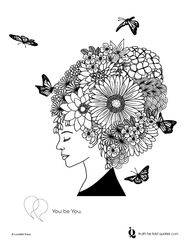 Free coloring page with quote about identity and kindness, with imagery of a girl with flowers for hair