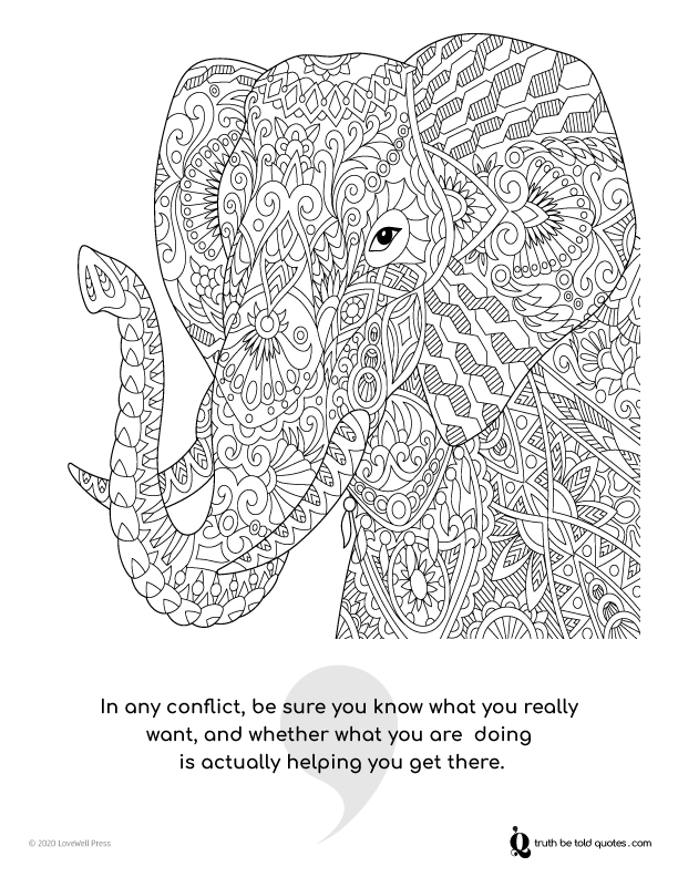 Free coloring page with quote about conflict resolution with image of elephant