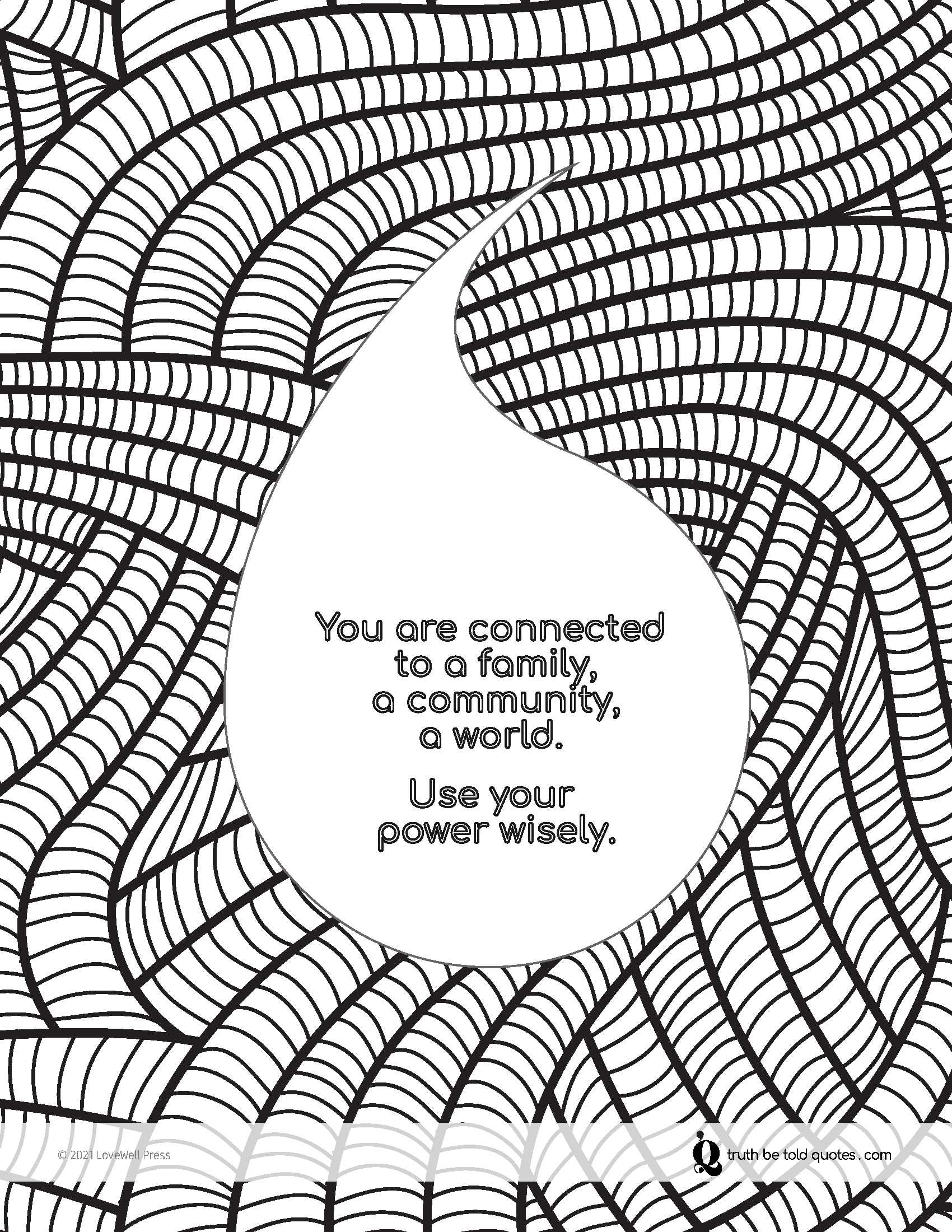 Free mindfulness coloring page with quote about responsibility to family, community with image of intertwined ropes