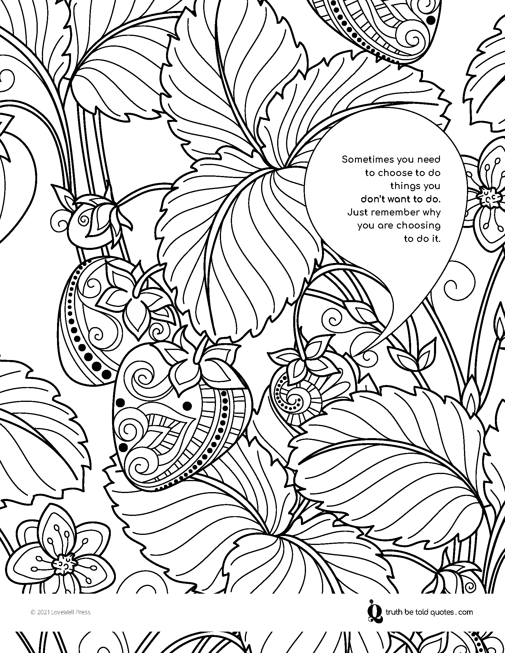 Coloring page with quote about making empowered choices with image of strawberries