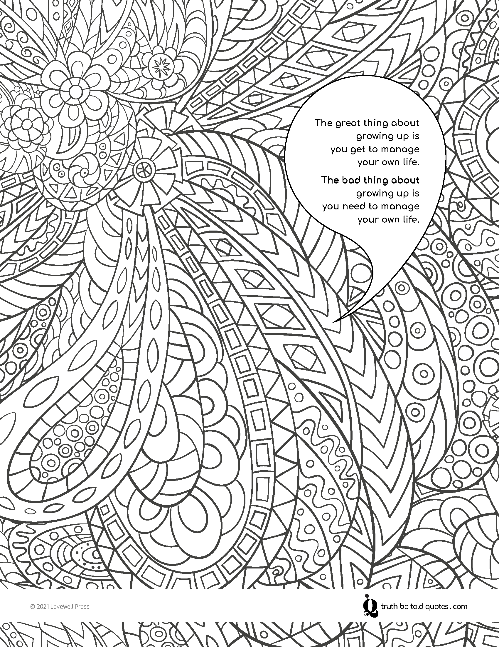 Free coloring page with quote about growing up with responsibility with image of zentangle style petals