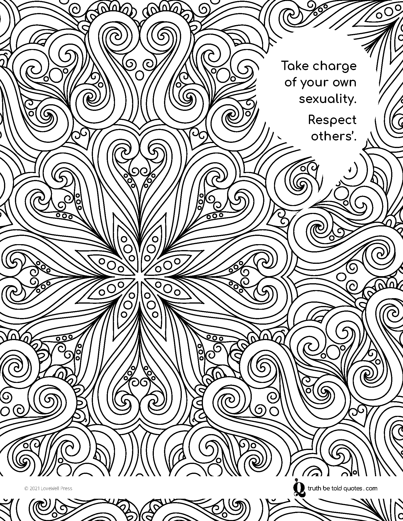 Free coloring page with quote about healthy sexuality with image of zentangle syle swirls