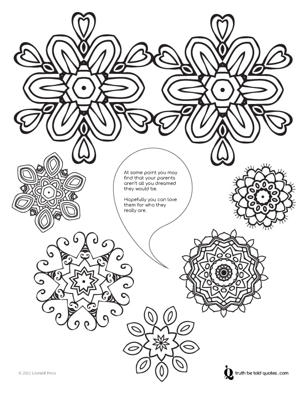 Free coloring page with quote about healthy relationships with parents with images of mandala in different shapes/patterns