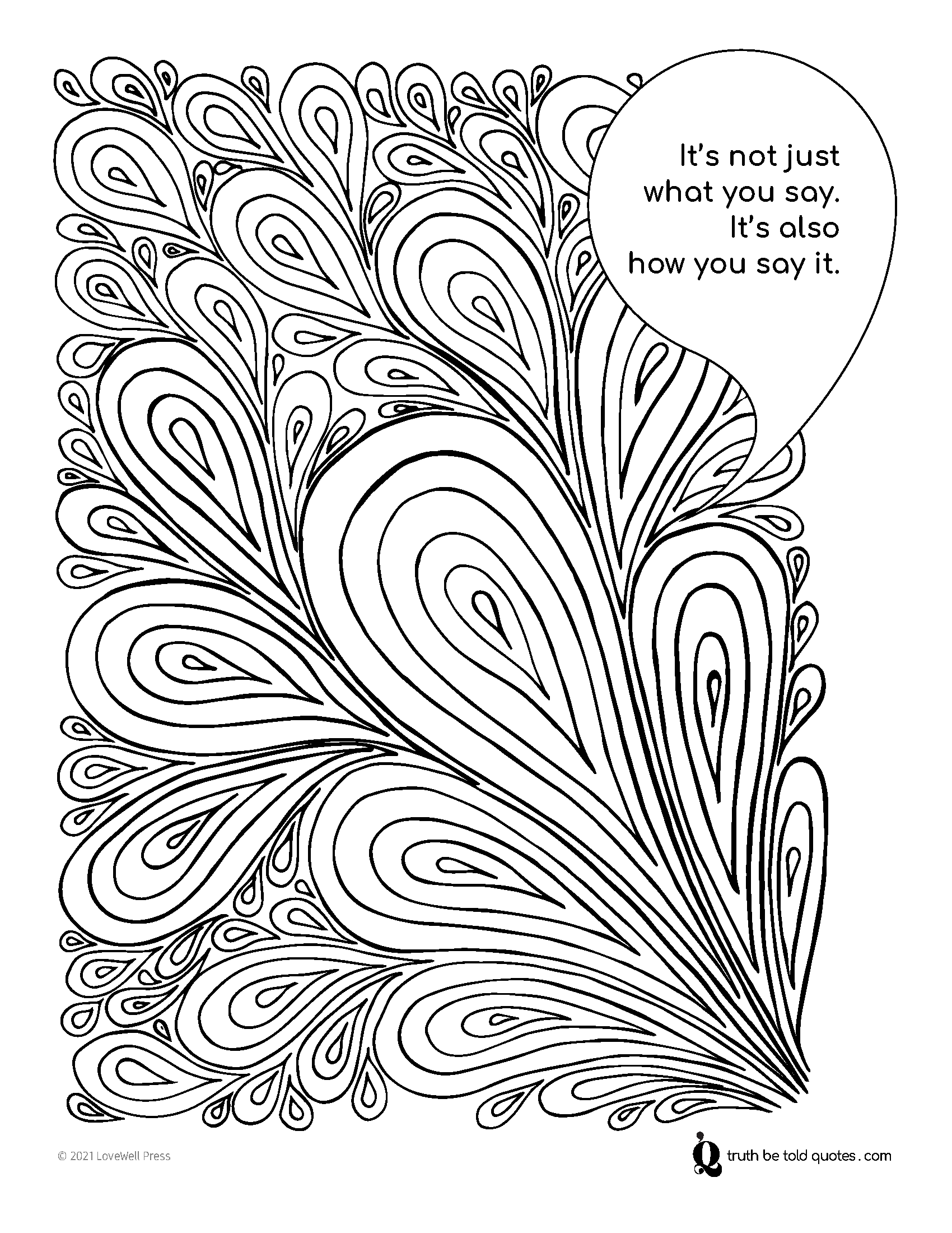 Free mindfulness coloring page with quote about speaking with kindess with imagery of zentangle style droplets