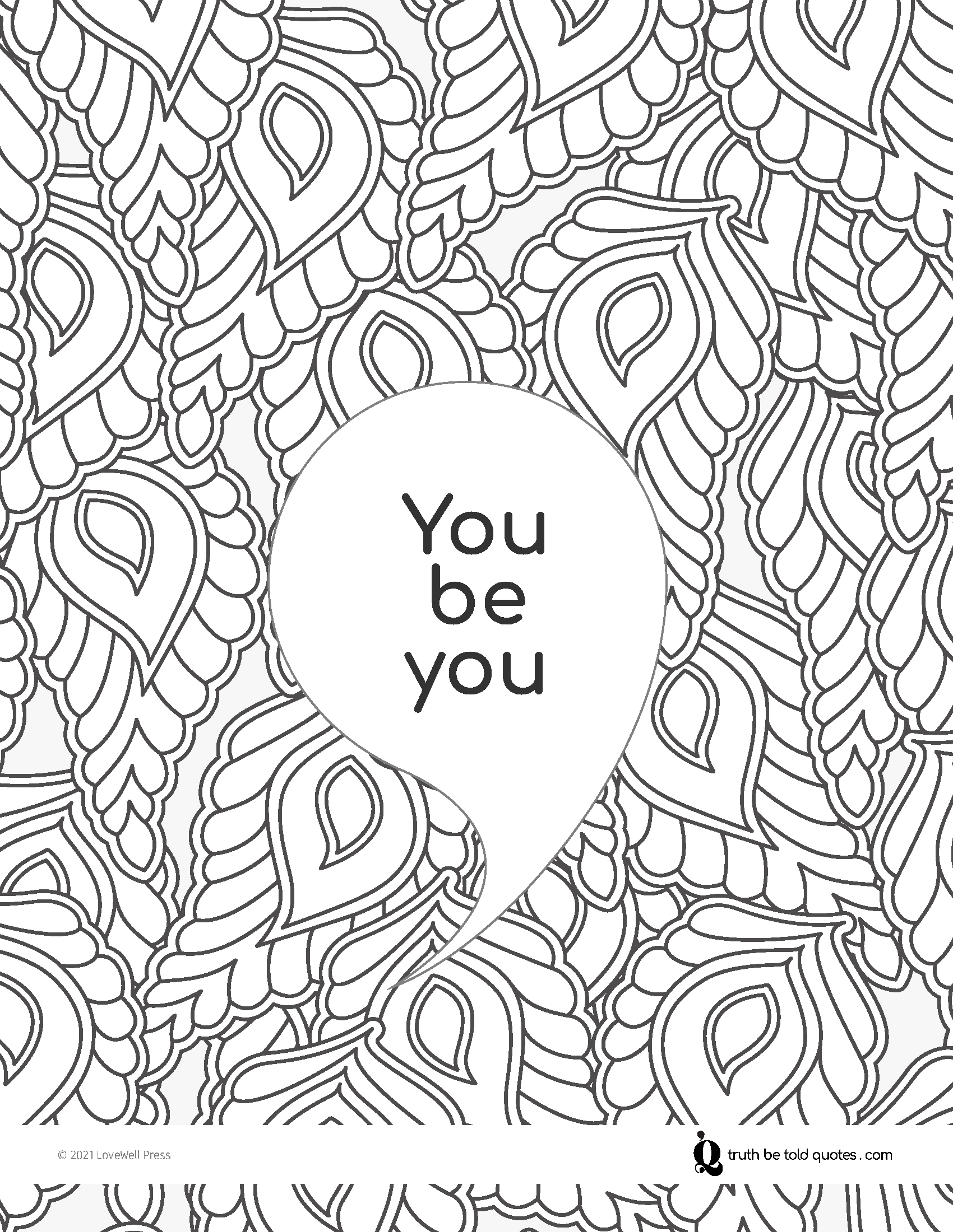 Free coloring page with quote about identity with imagery of peacock feathers
